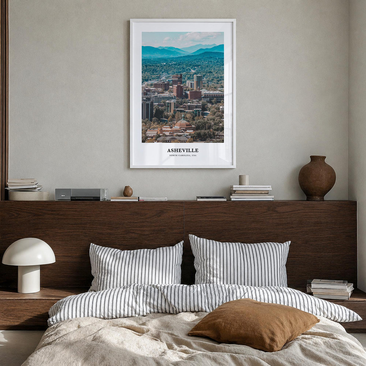 Asheville colorful classic poster of North Carolina, USA – vertical wall art in white wood frame, hanging on wall
