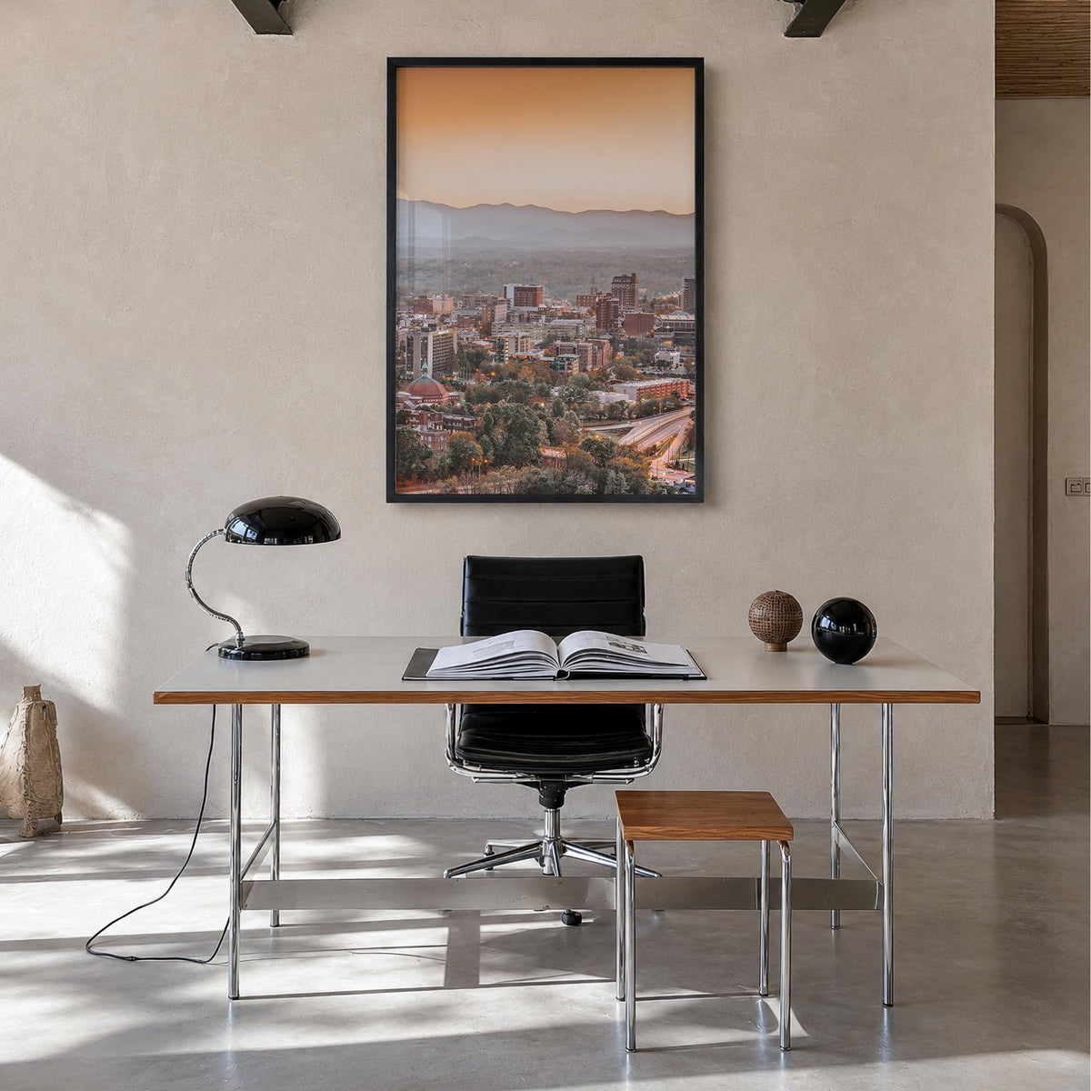 Asheville no. 1 colorful photo poster of North Carolina, USA – vertical wall art in black wood frame, hanging on wall