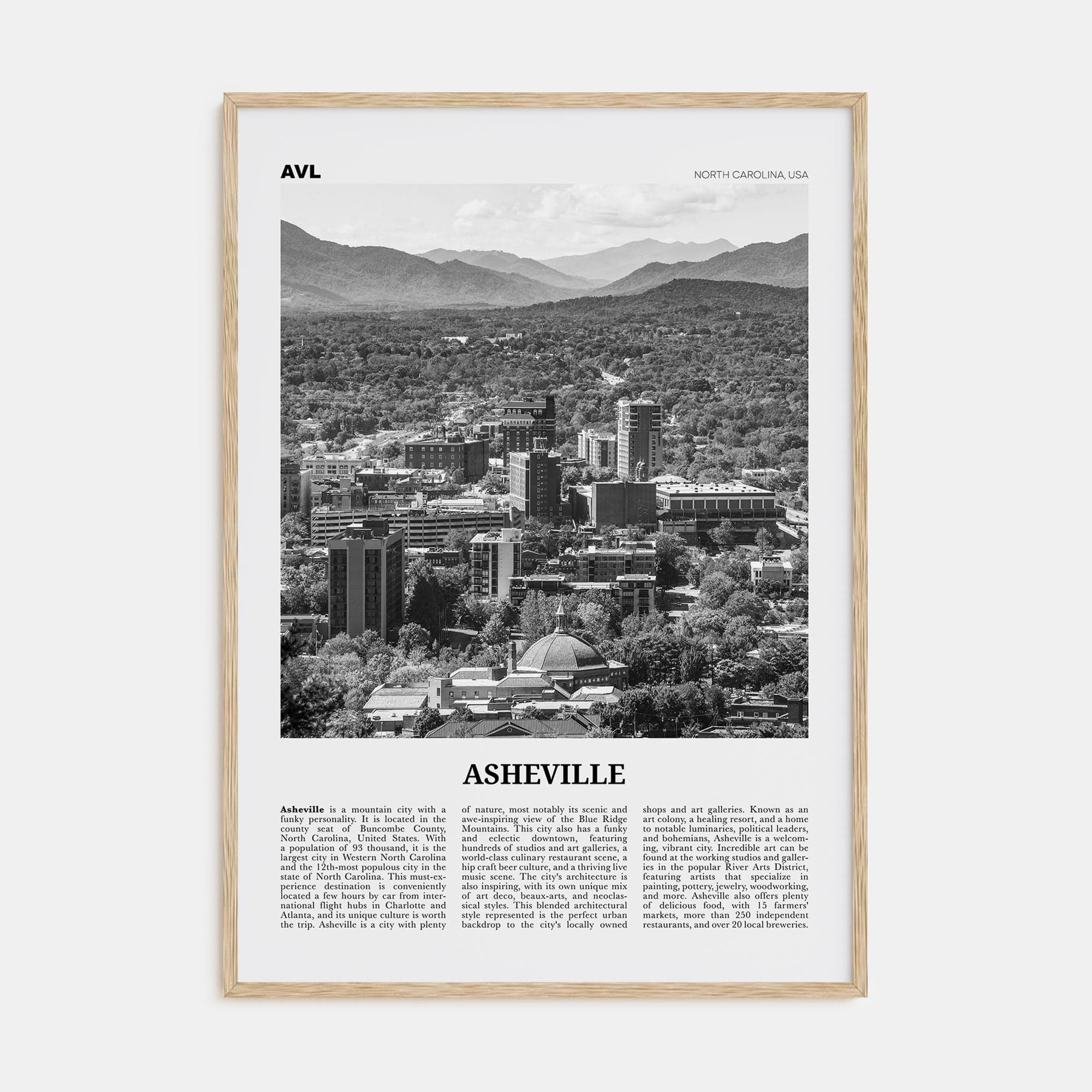 Asheville No 1 Poster Natural Wood / 8x12 in Nbourhood Travel B&W Poster