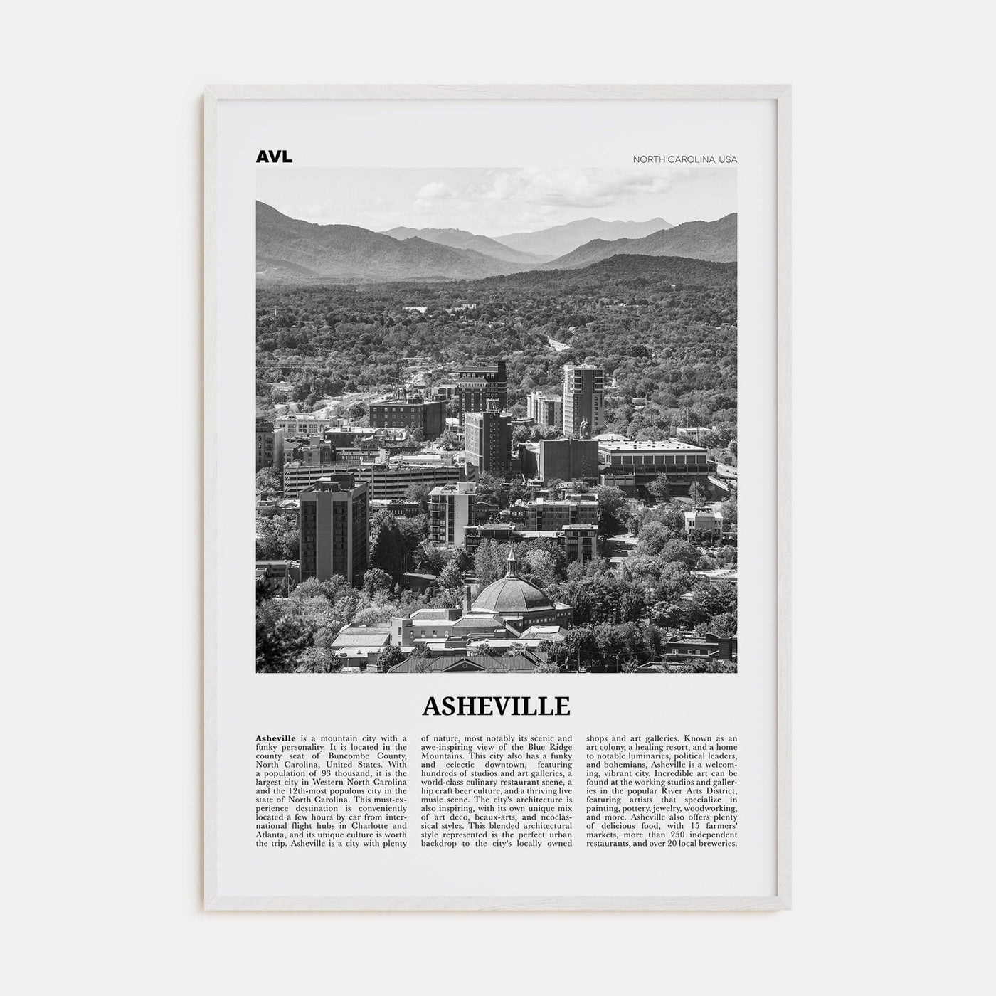 Asheville No 1 Poster White Wood / 8x12 in Nbourhood Travel B&W Poster