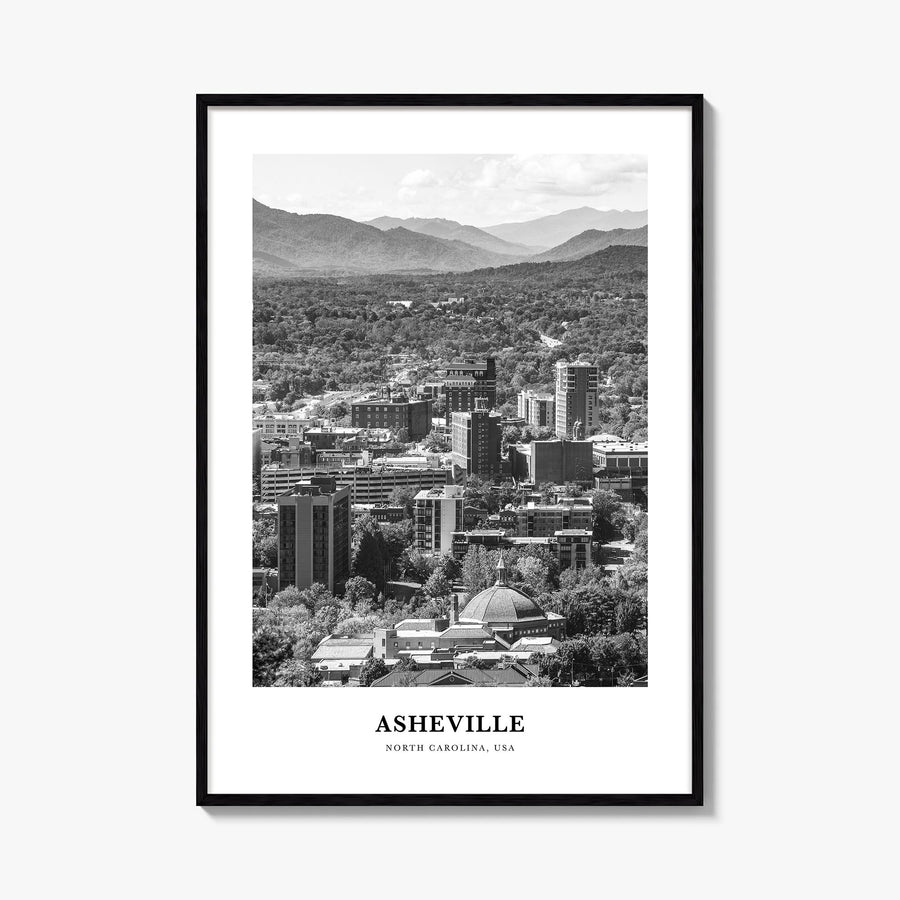 Asheville no. 2 black & white classic poster of North Carolina, USA – vertical wall art, unframed print shown in interior moc