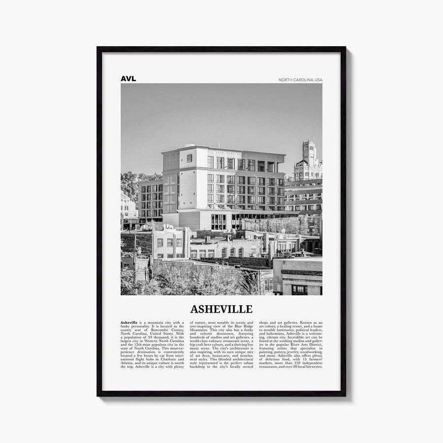 Asheville no. 2 black & white newspaper poster of North Carolina, USA – vertical wall art, unframed print shown in interior m