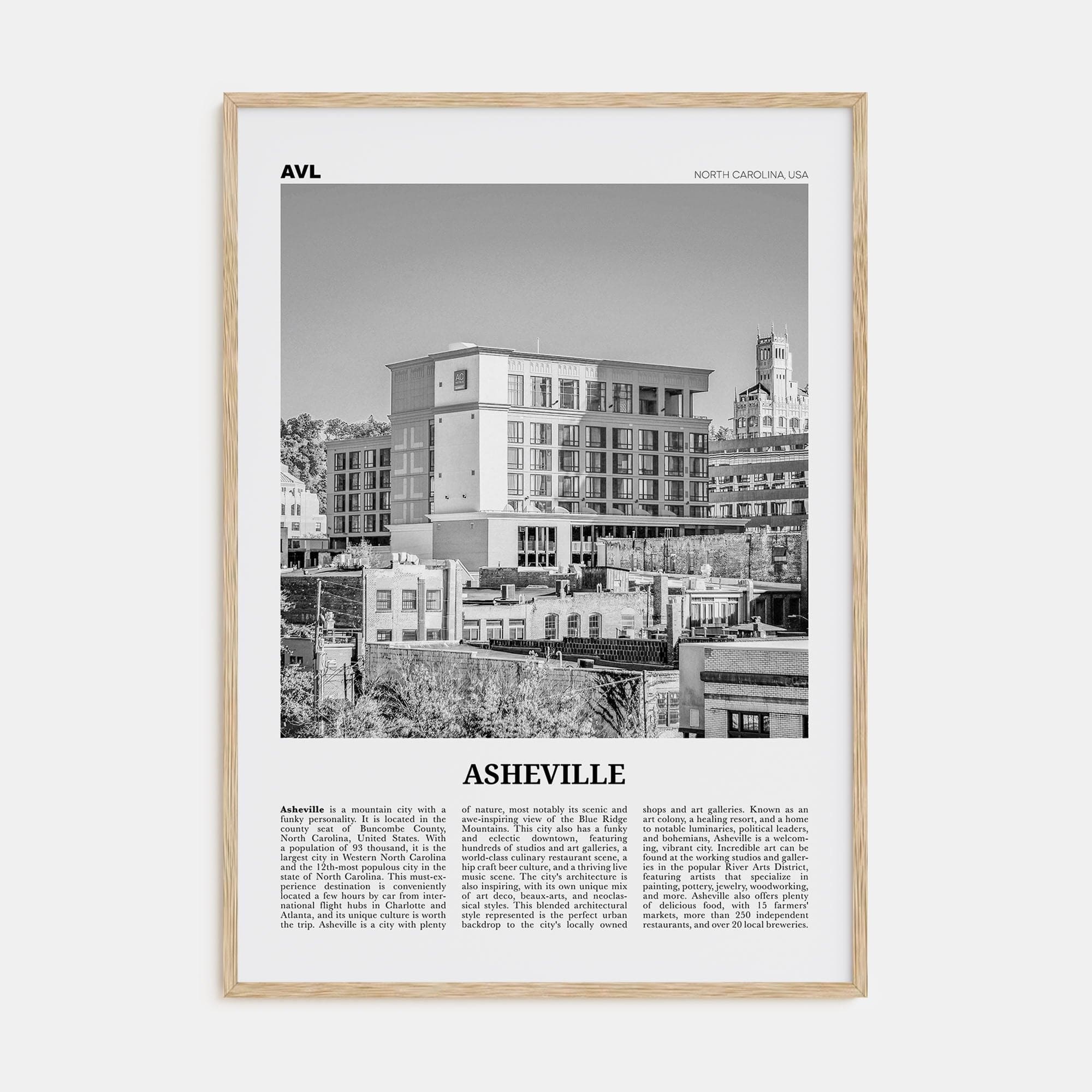 Asheville No 2 Poster Natural Wood / 8x12 in Nbourhood Travel B&W Poster