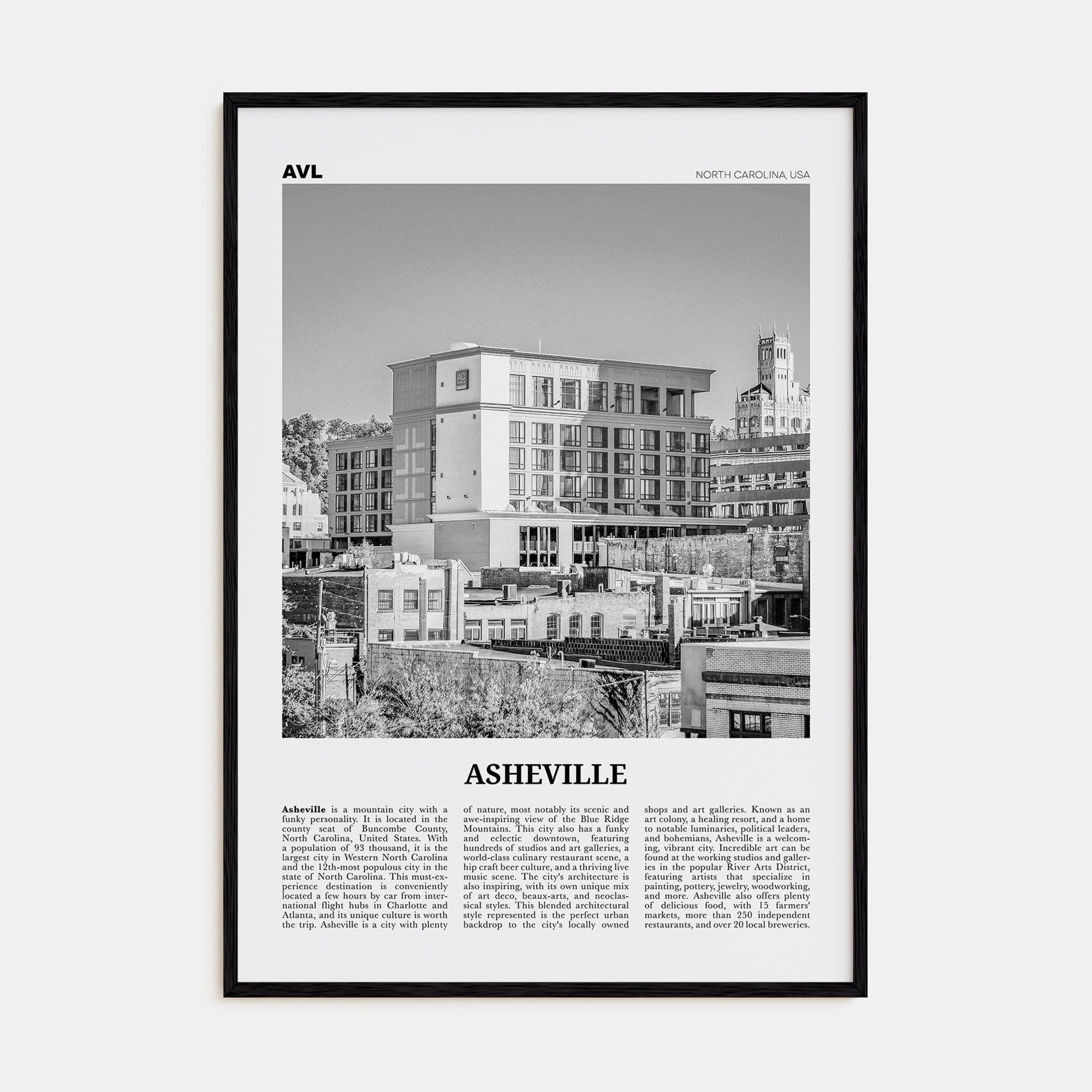 Asheville No 2 Poster Black Wood / 8x12 in Nbourhood Travel B&W Poster