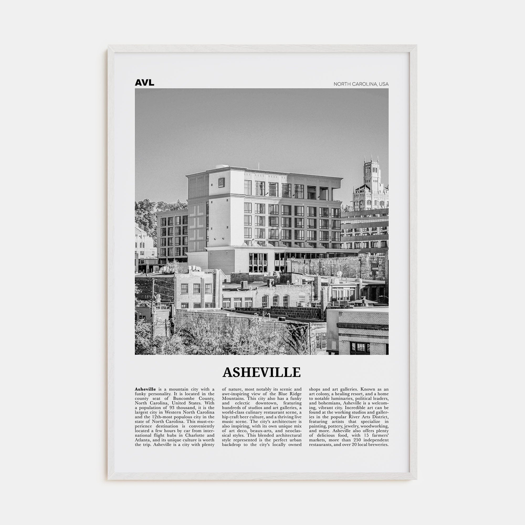 Asheville No 2 Poster White Wood / 8x12 in Nbourhood Travel B&W Poster