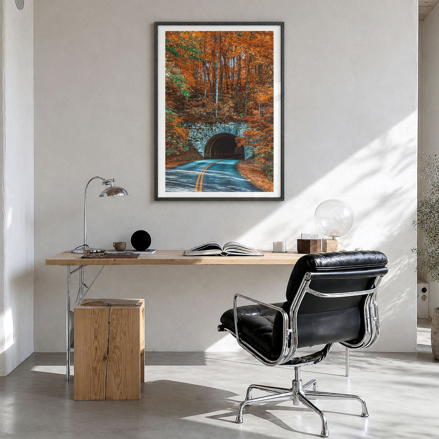 Asheville Photo No 2 Poster in a black wood frame, hanging in a bright home office, white border