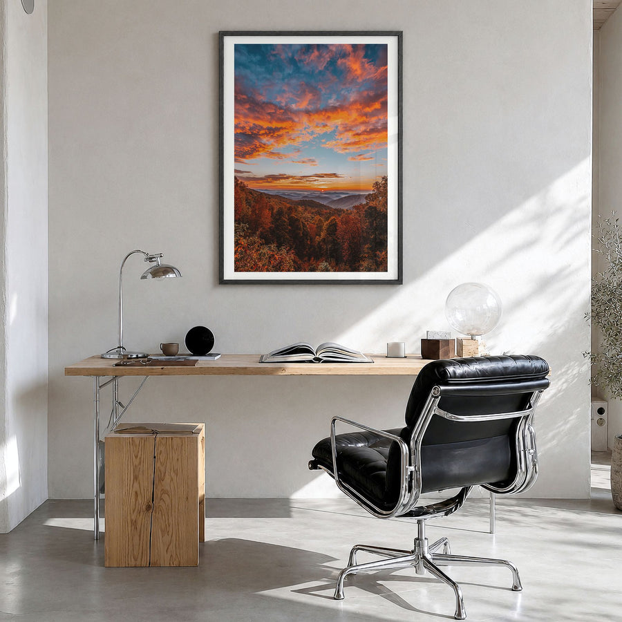 Asheville Photo No 3 Poster in a black wood frame, hanging in a bright home office, white border