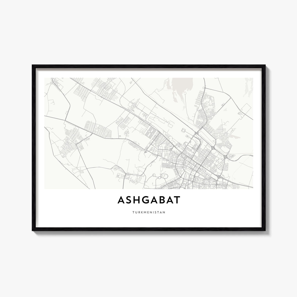 Ashgabat black & white map poster of Turkmenistan – horizontal wall art, unframed print shown in interior mockup