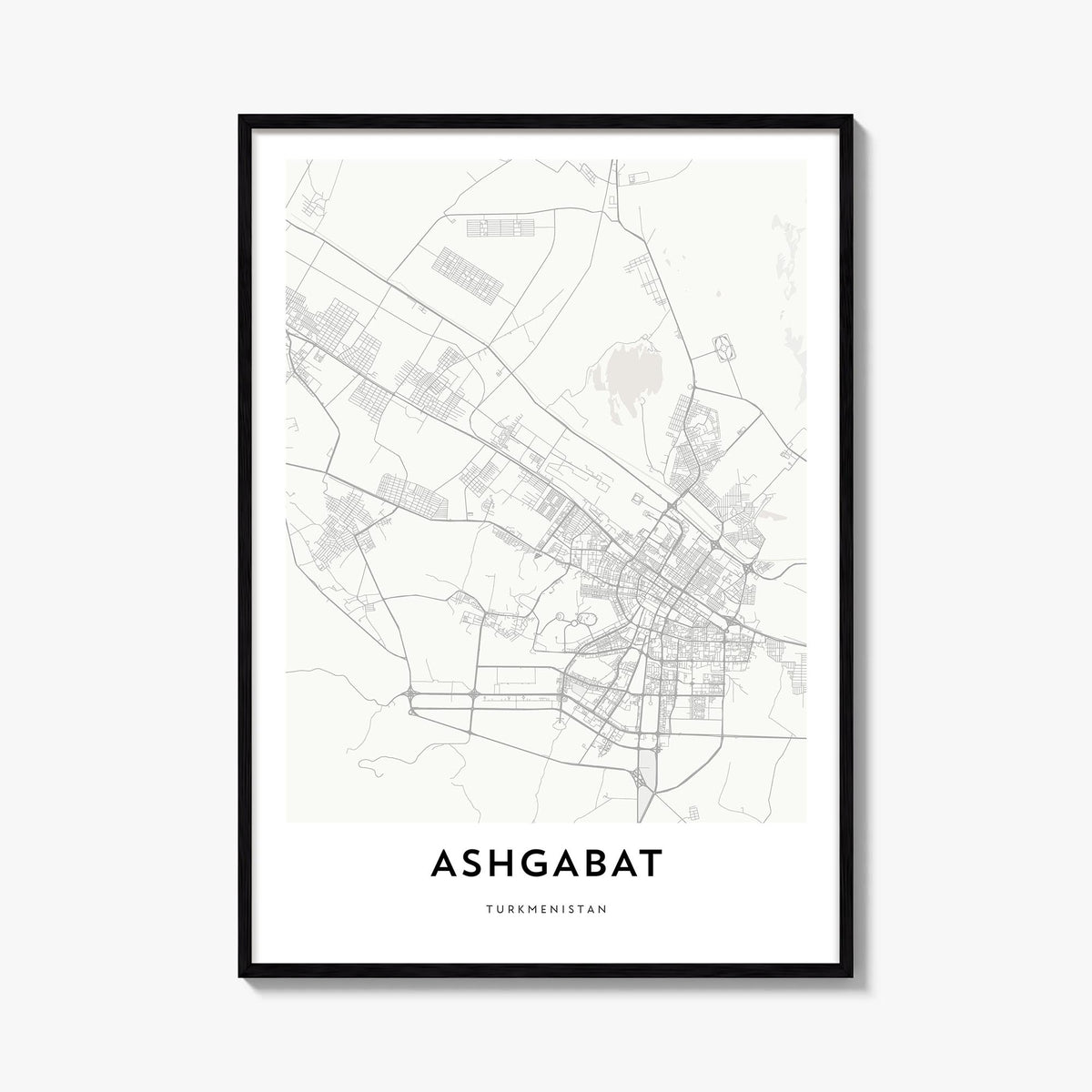 Ashgabat black & white map poster of Turkmenistan – vertical wall art, unframed print shown in interior mockup