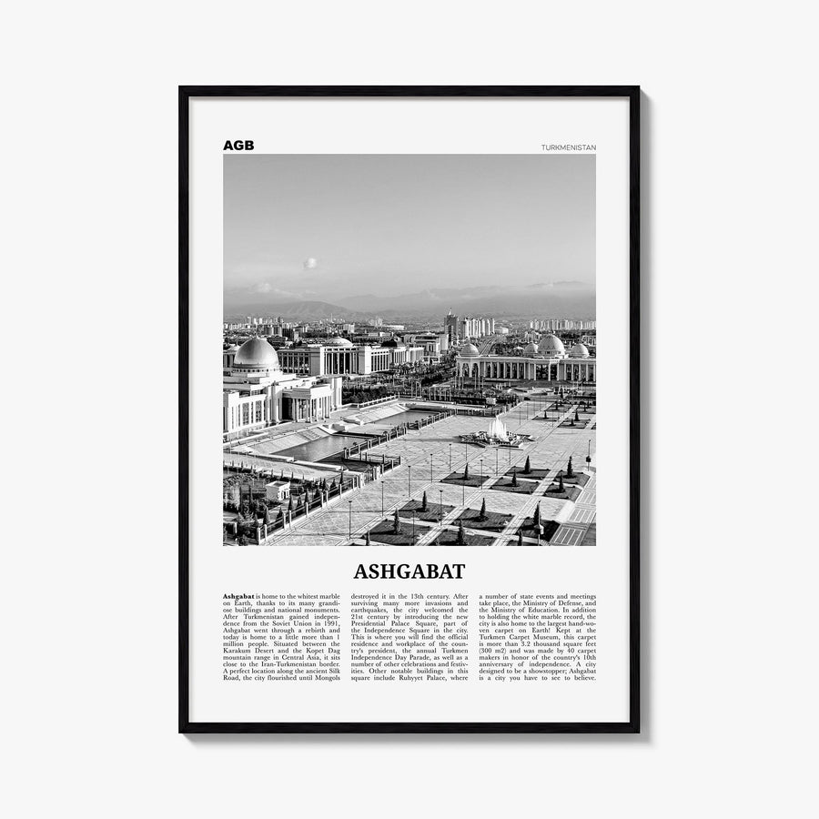 Ashgabat black & white newspaper poster of Turkmenistan – vertical wall art, unframed print shown in interior mockup
