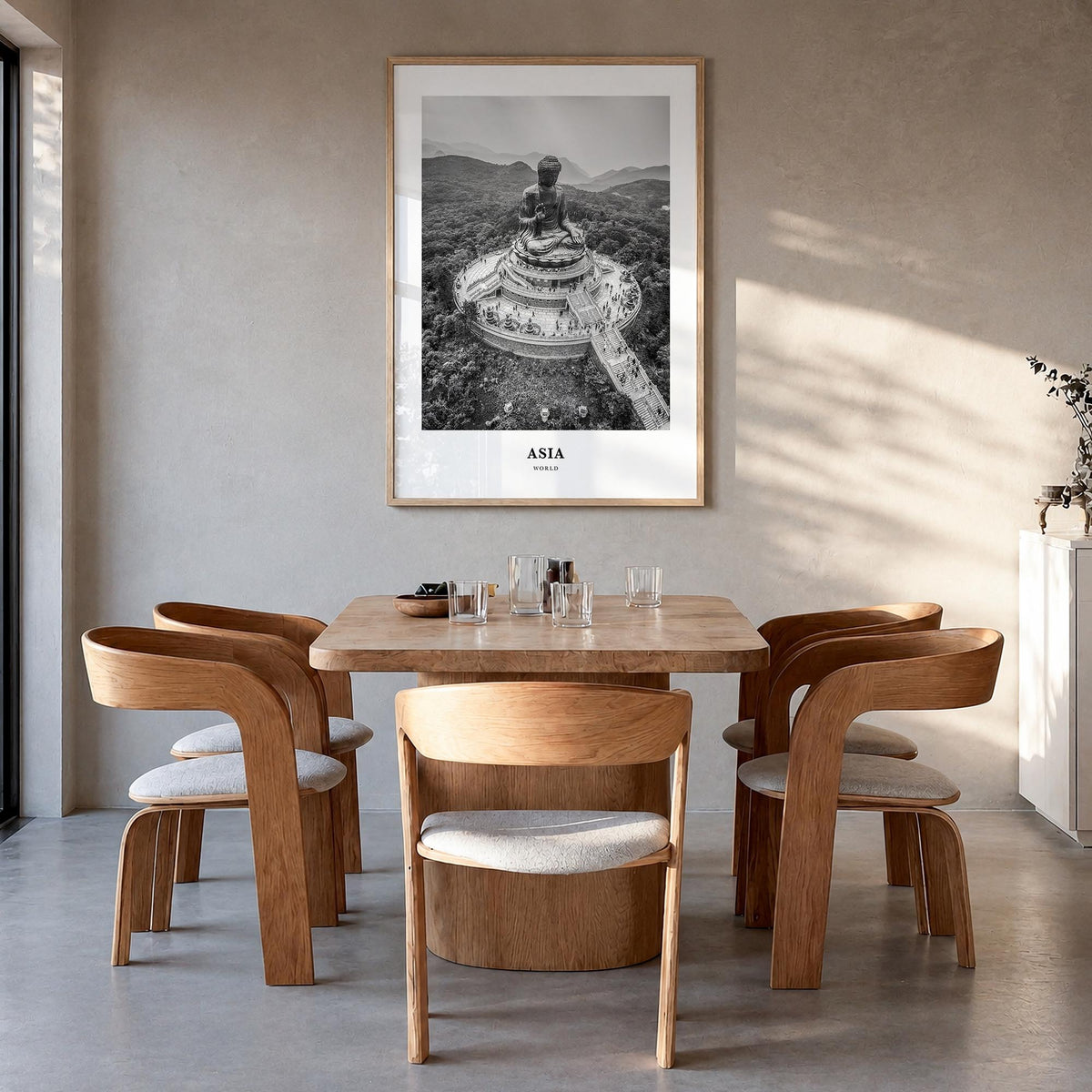 Asia black & white classic poster – vertical wall art in natural wood frame, hanging on wall