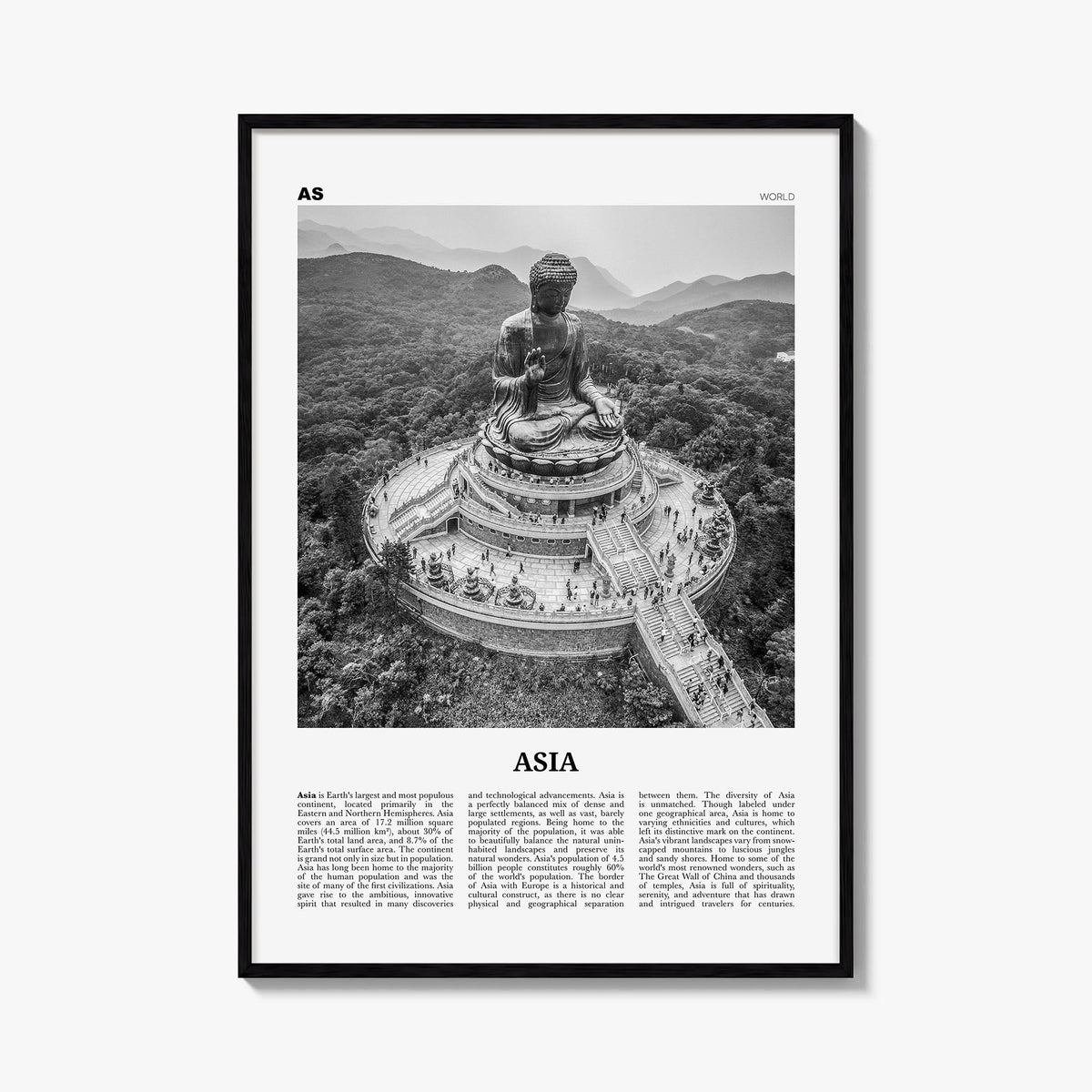 Asia black & white newspaper poster – vertical wall art, unframed print shown in interior mockup