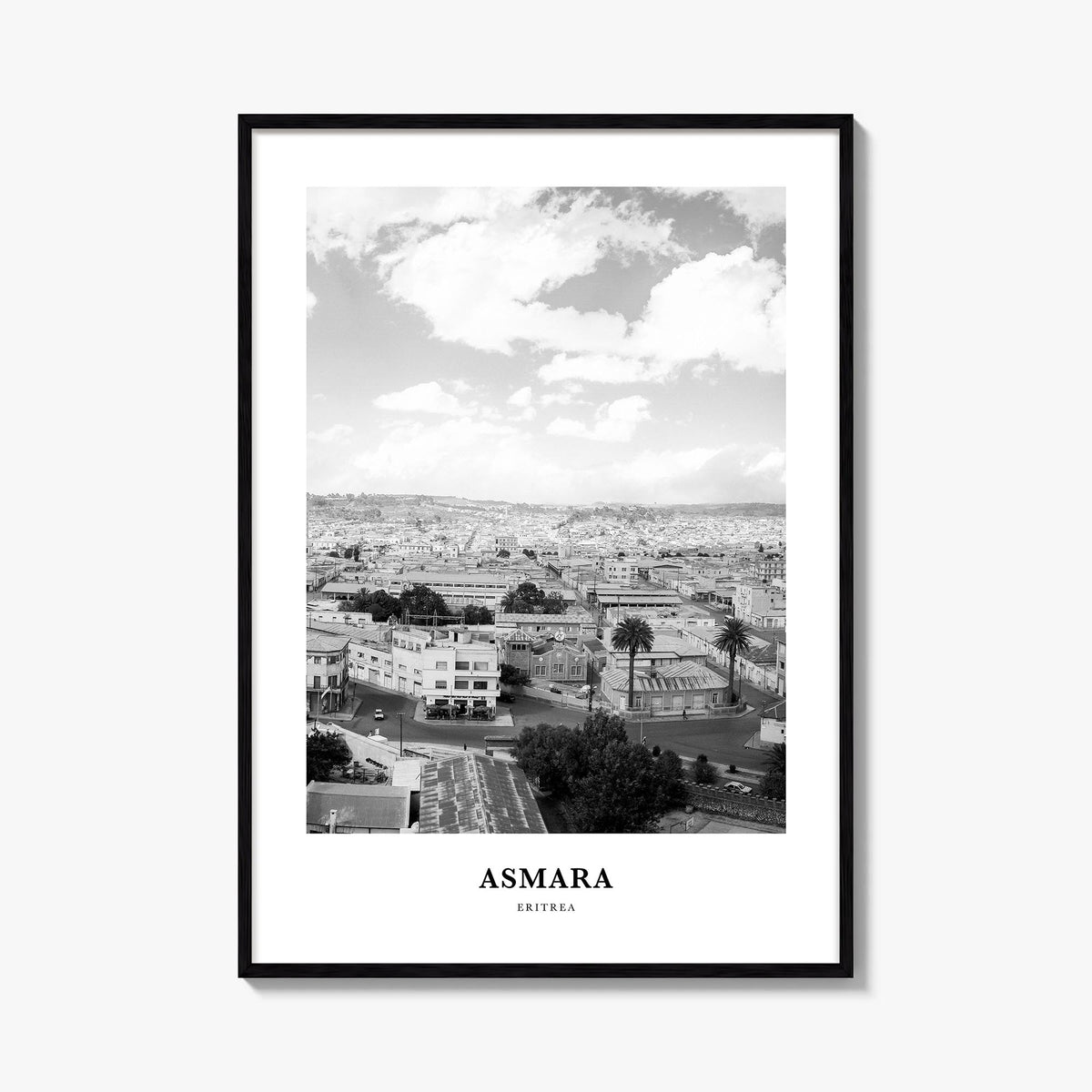 Asmara black & white classic poster of Eritrea – vertical wall art, unframed print shown in interior mockup