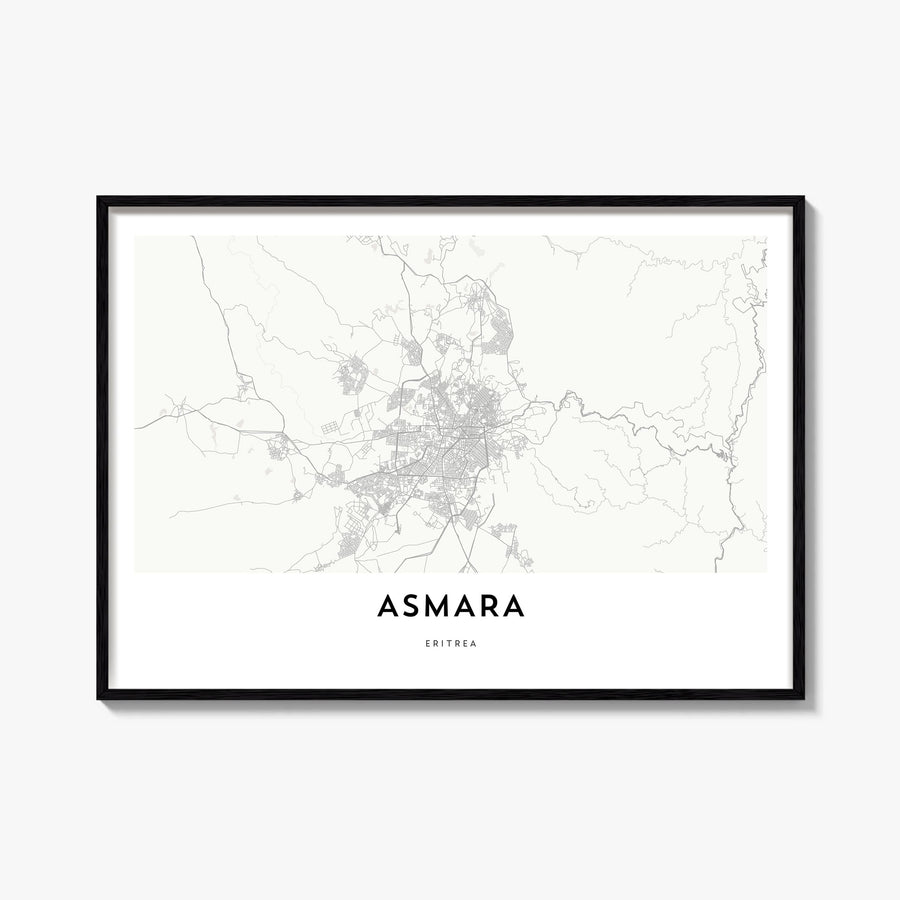 Asmara black & white map poster of Eritrea – horizontal wall art, unframed print shown in interior mockup