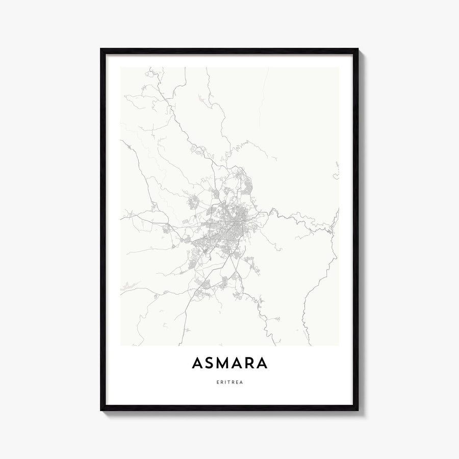 Asmara black & white map poster of Eritrea – vertical wall art, unframed print shown in interior mockup