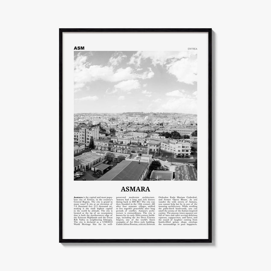 Asmara black & white newspaper poster of Eritrea – vertical wall art, unframed print shown in interior mockup