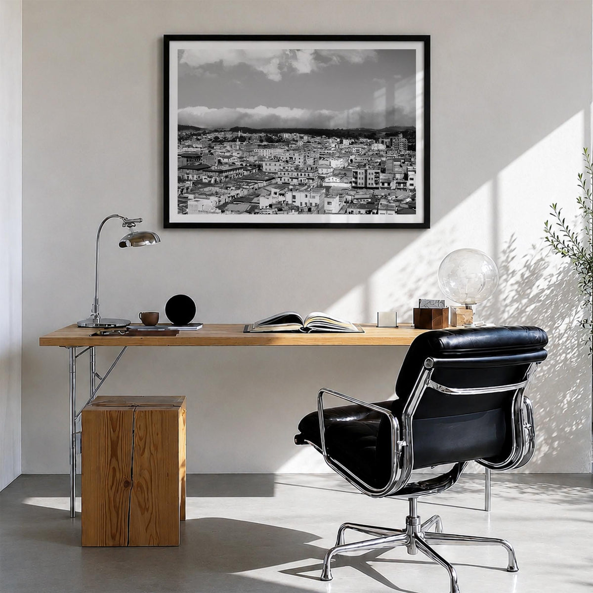 Asmara black & white photo poster of Eritrea – horizontal wall art in black wood frame with white border, hanging on wall