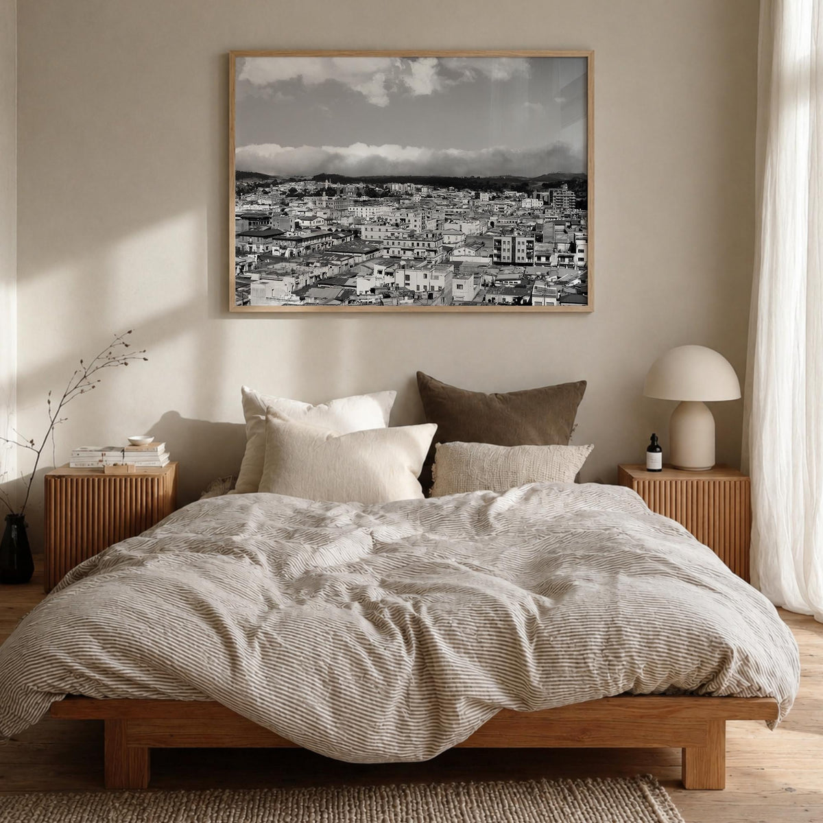 Asmara black & white photo poster of Eritrea – horizontal wall art in natural wood frame, hanging on wall
