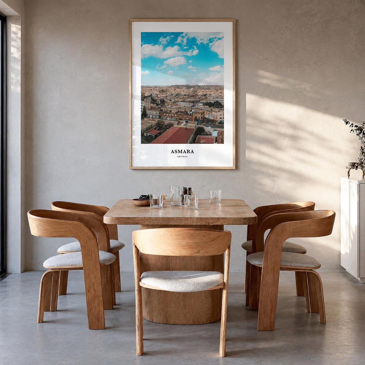 Asmara no. 1 colorful classic poster of Eritrea – vertical wall art in natural wood frame, hanging on wall