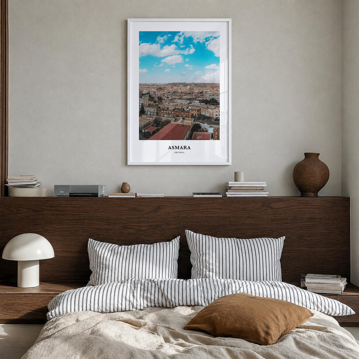 Asmara no. 1 colorful classic poster of Eritrea – vertical wall art in white wood frame, hanging on wall
