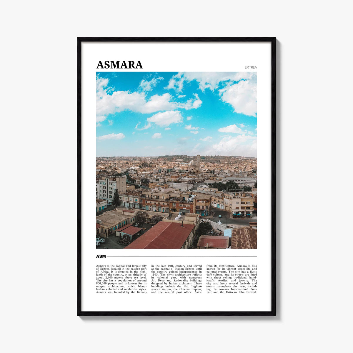 Asmara no. 1 colorful travel poster of Eritrea – vertical wall art, unframed print shown in interior mockup