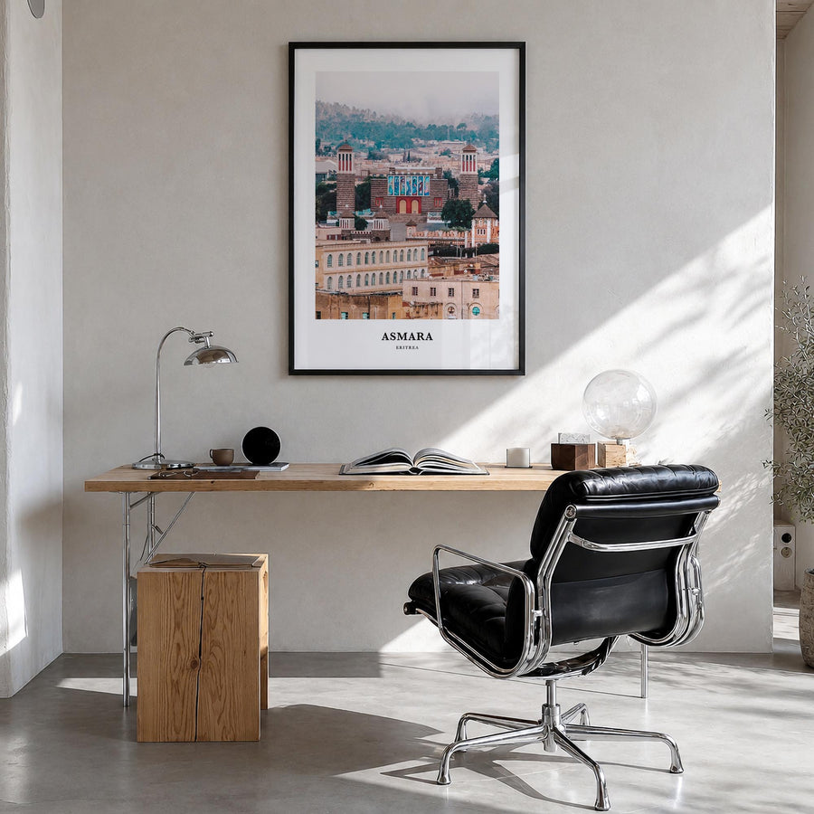 Asmara no. 2 colorful classic poster of Eritrea – vertical wall art in black wood frame, hanging on wall