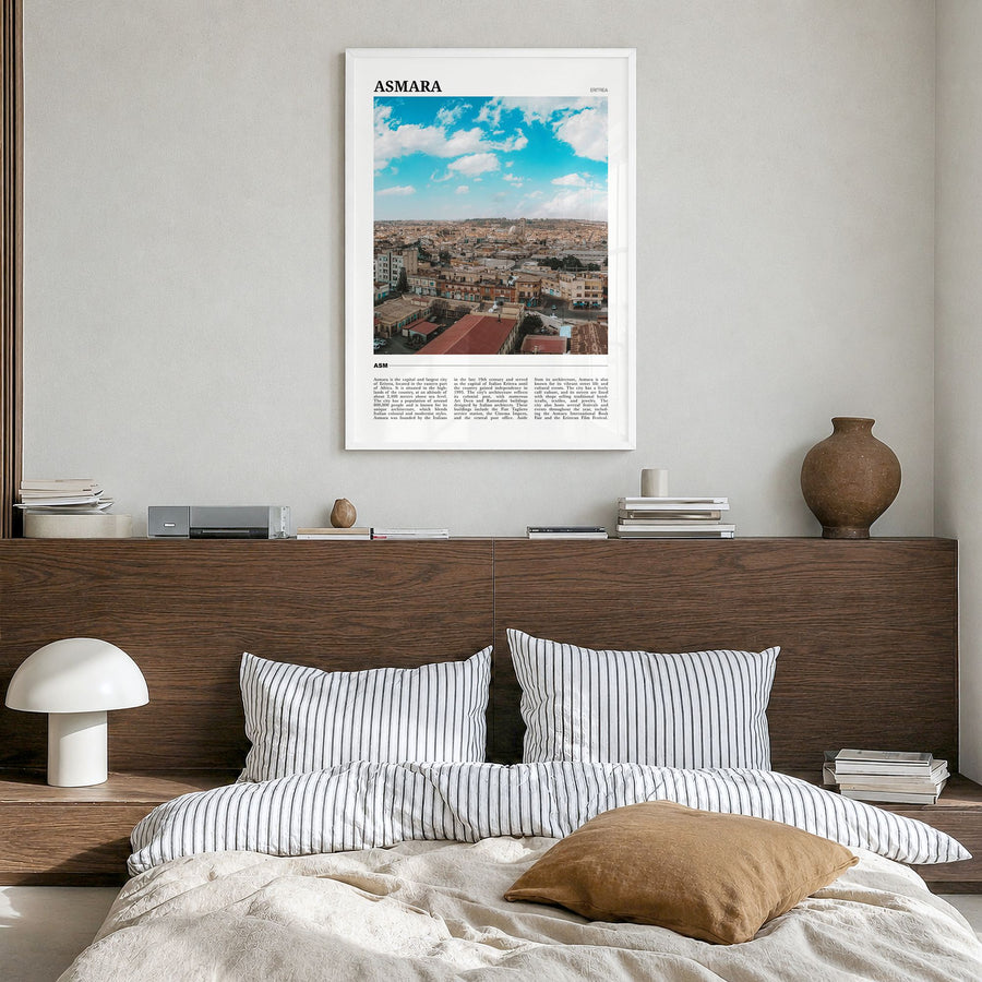 Asmara Travel No 1 Poster in a white wood frame, hanging in a bedroom