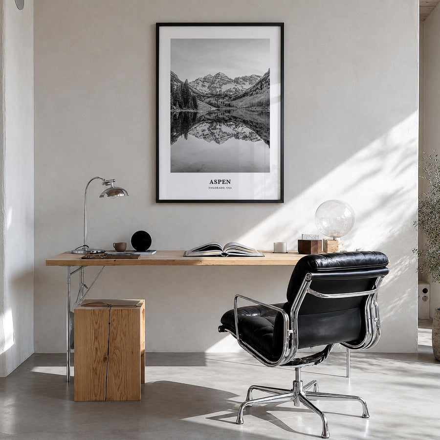 Aspen black & white classic poster of Colorado, USA – vertical wall art in black wood frame, hanging on wall