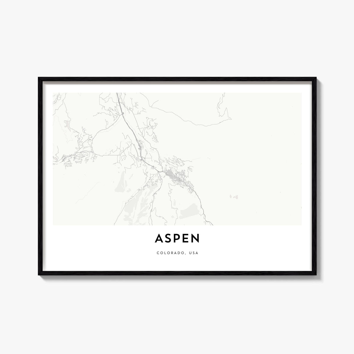 Aspen black & white map poster of Colorado, USA – horizontal wall art, unframed print shown in interior mockup