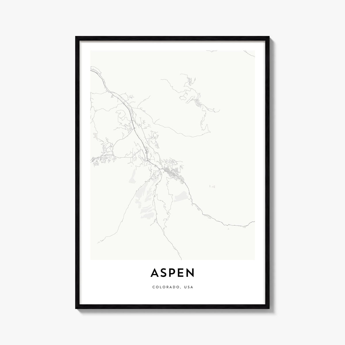 Aspen black & white map poster of Colorado, USA – vertical wall art, unframed print shown in interior mockup