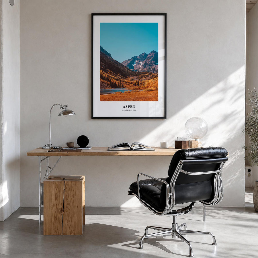 Aspen colorful classic poster of Colorado, USA – vertical wall art in black wood frame, hanging on wall