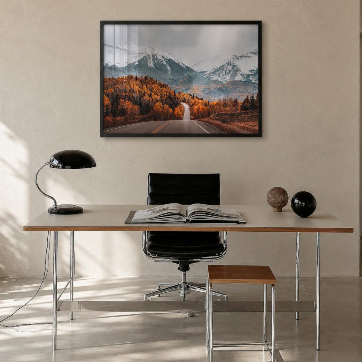 Aspen colorful photo poster of Colorado, USA – horizontal wall art in black wood frame, hanging on wall