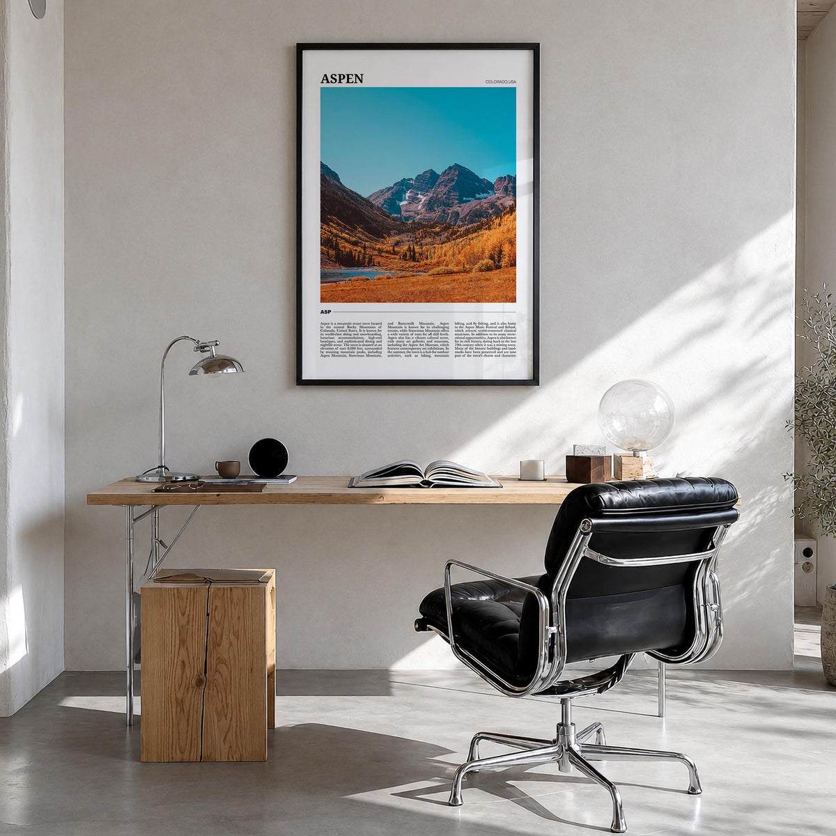 Aspen colorful travel poster of Colorado, USA – vertical wall art in black wood frame, hanging on wall