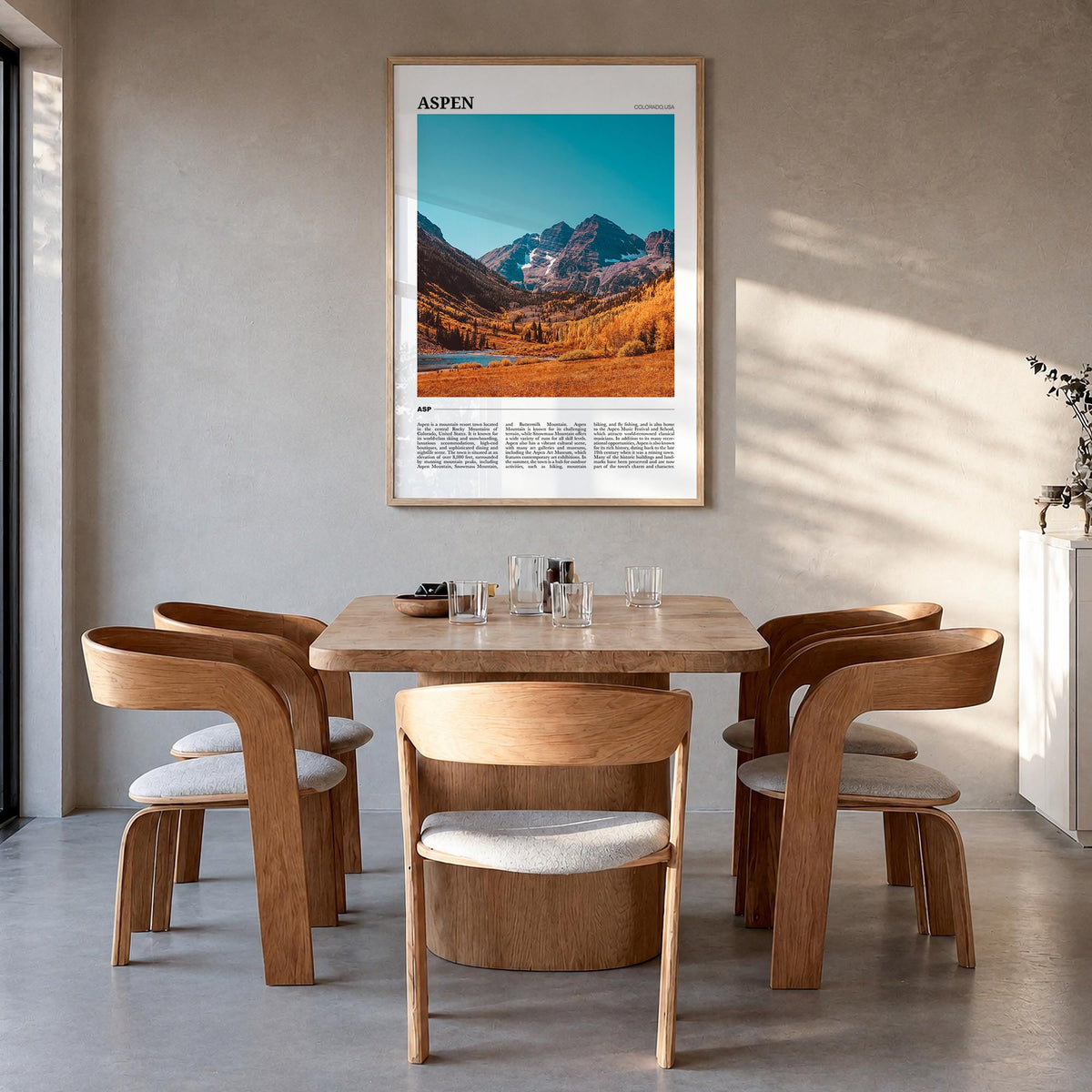 Aspen colorful travel poster of Colorado, USA – vertical wall art in natural wood frame, hanging on wall