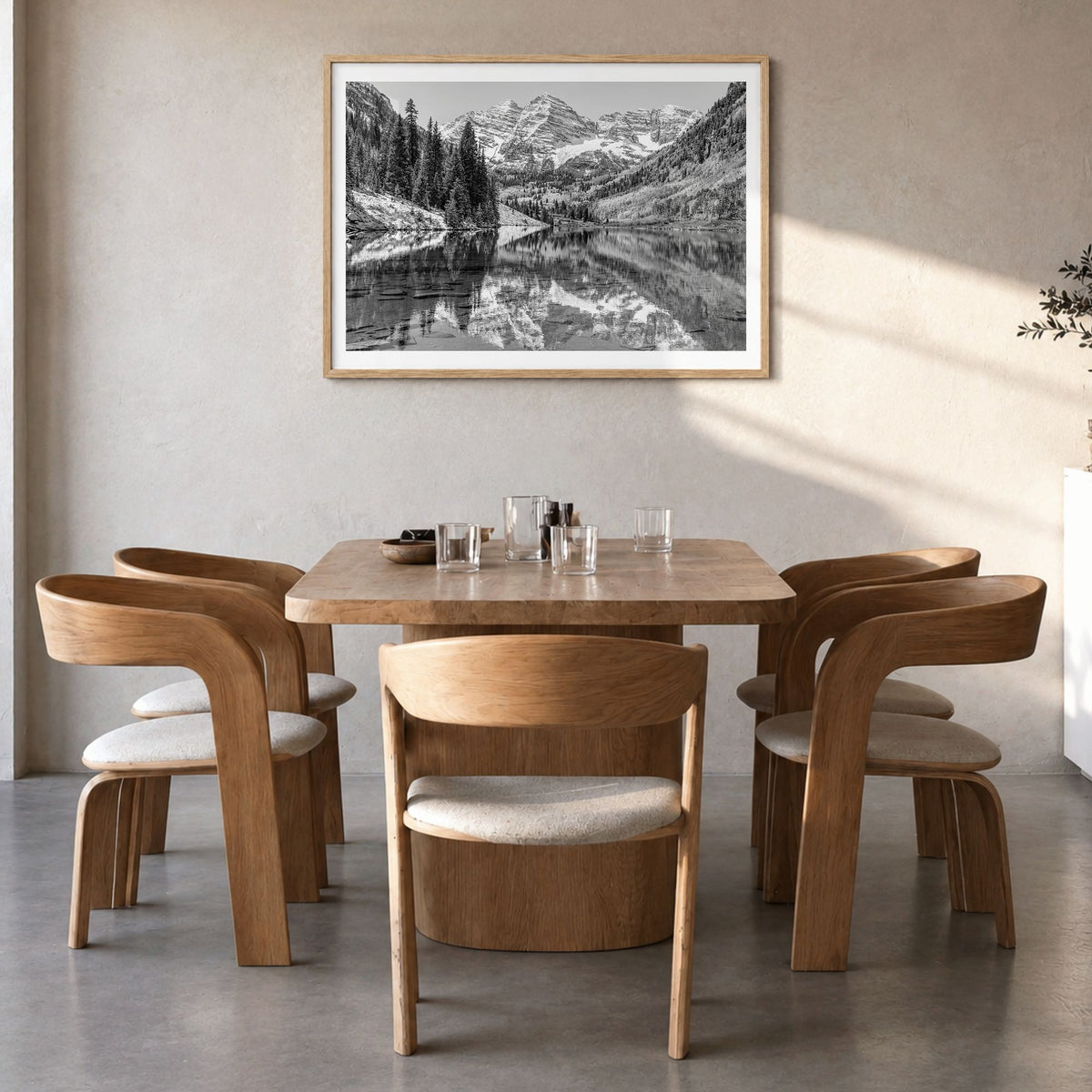 Aspen Photo Poster in a natural wood frame, hanging in a dining room, white border