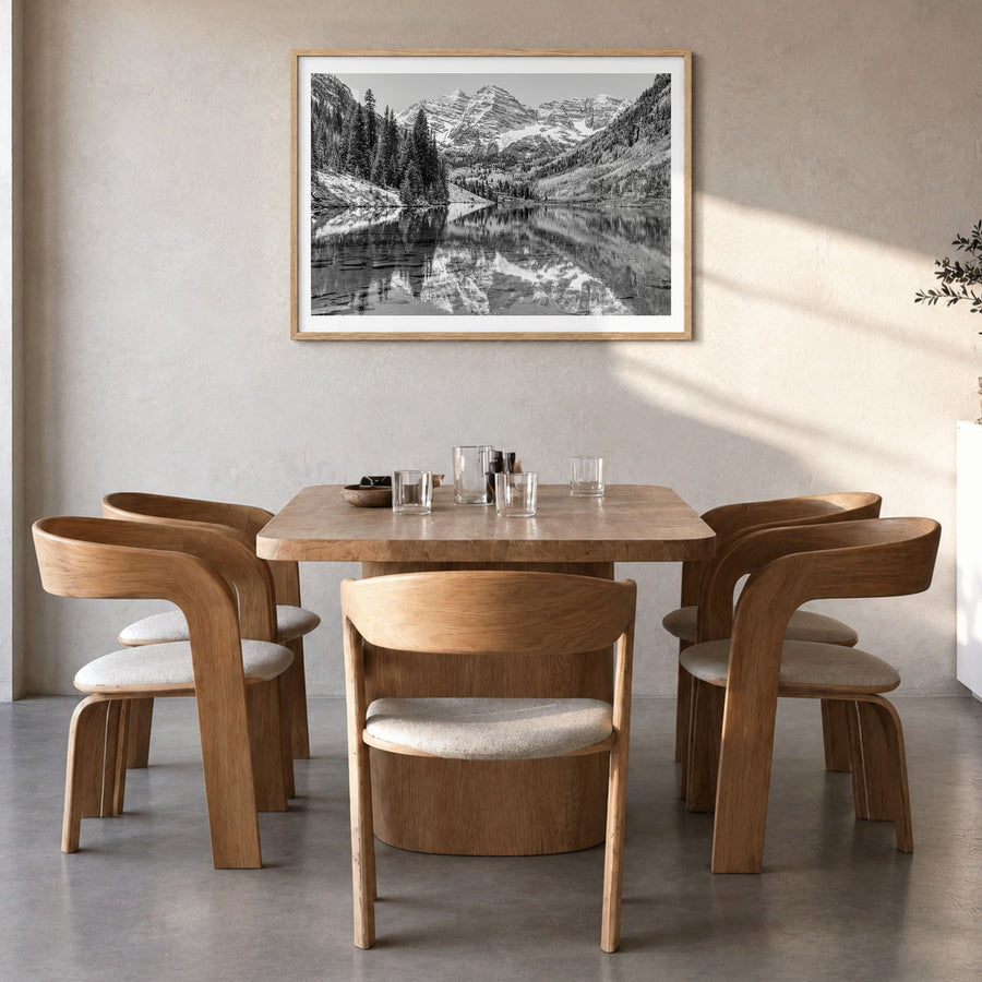 Aspen Photo Poster in a natural wood frame, hanging in a dining room, white border