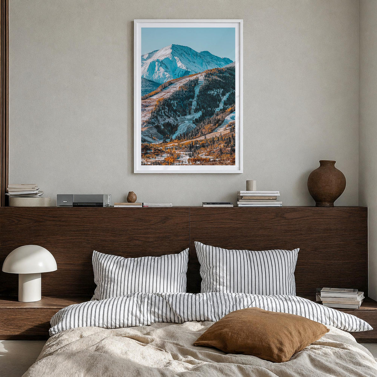 Aspen no. 1 colorful photo poster of Colorado, USA – vertical wall art in white wood frame with white border, hanging on wall