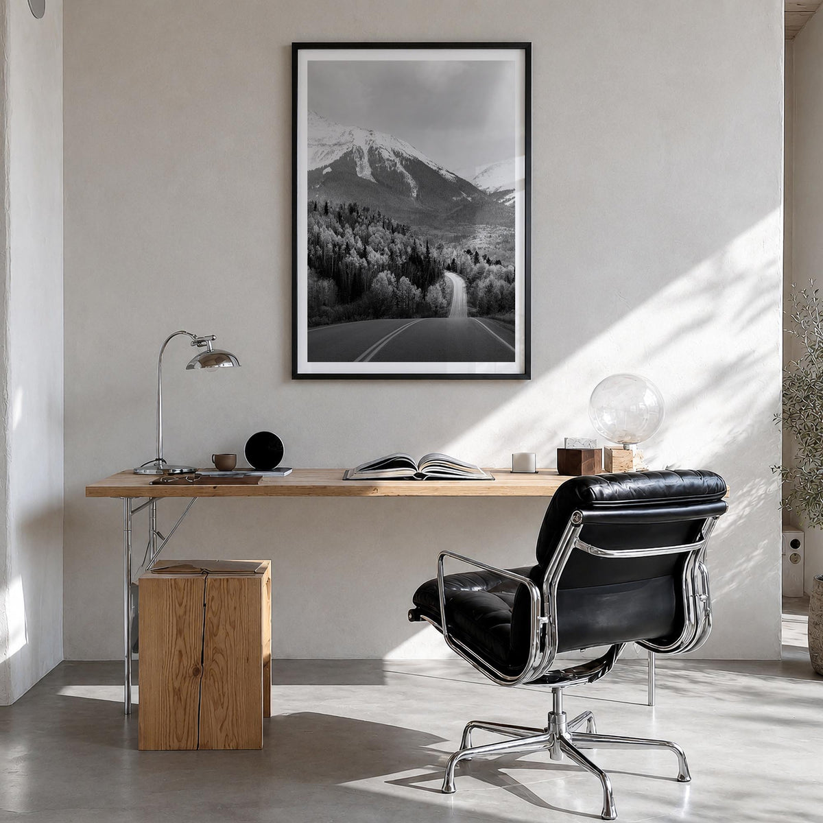 Aspen no. 2 black & white photo poster of Colorado, USA – vertical wall art in black wood frame with white border, hanging on
