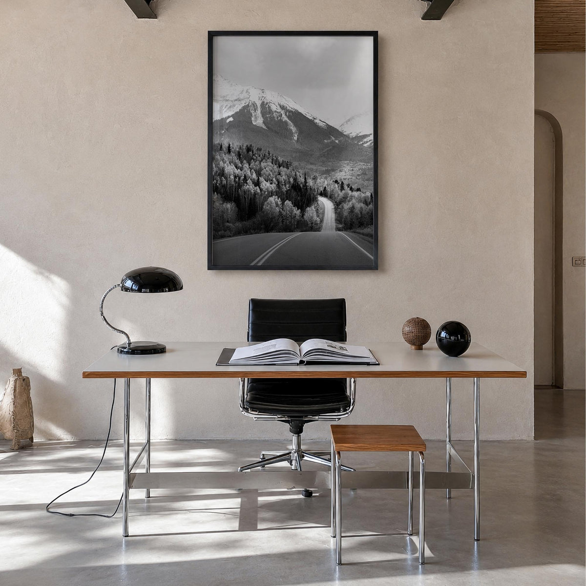 Aspen no. 2 black & white photo poster of Colorado, USA – vertical wall art in black wood frame, hanging on wall