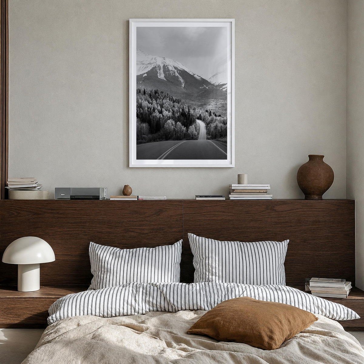 Aspen no. 2 black & white photo poster of Colorado, USA – vertical wall art in white wood frame with white border, hanging on