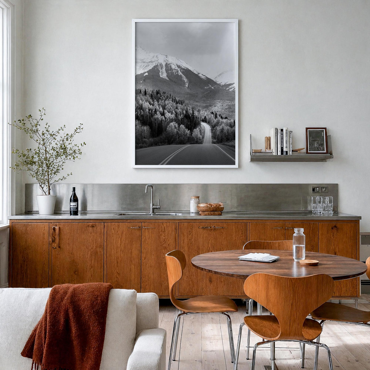 Aspen no. 2 black & white photo poster of Colorado, USA – vertical wall art in white wood frame, hanging on wall