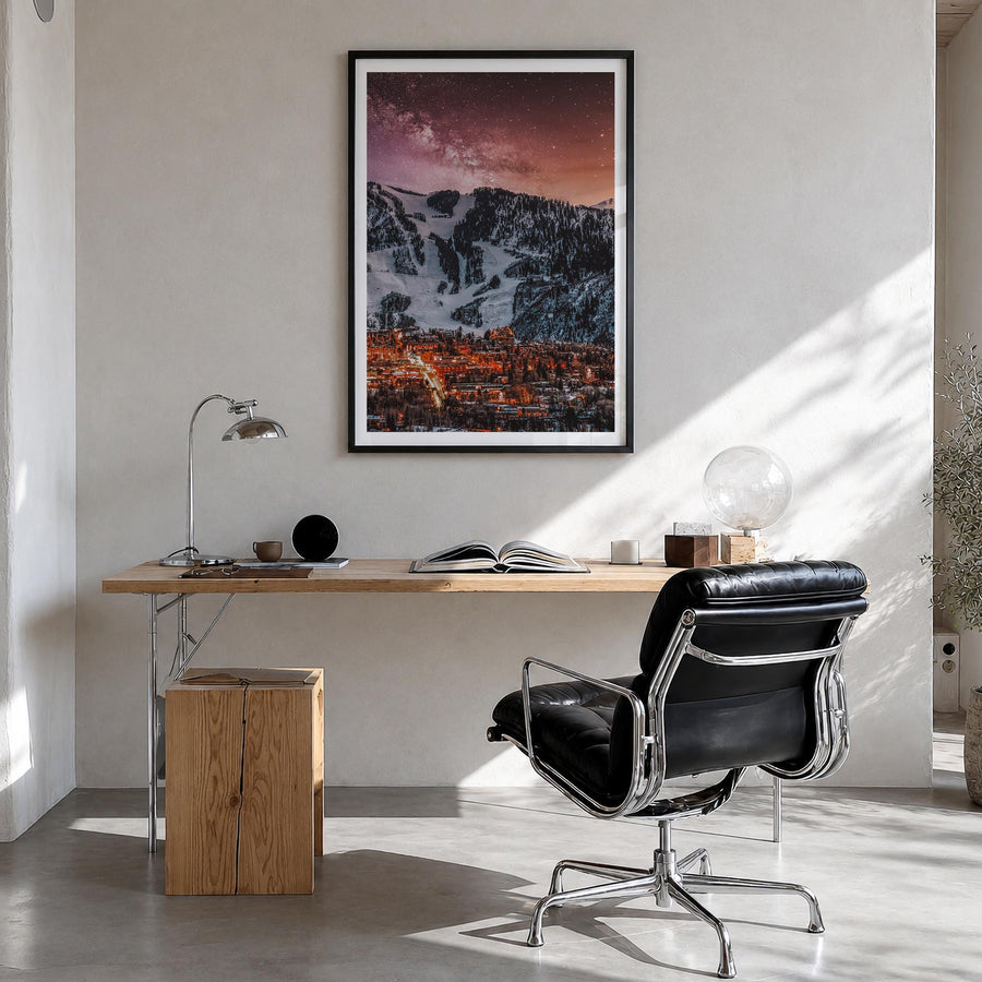 Aspen no. 2 colorful photo poster of Colorado, USA – vertical wall art in black wood frame with white border, hanging on wall