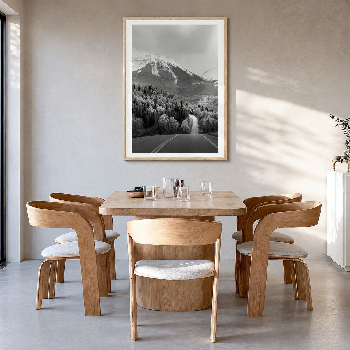 Aspen Photo No 2 Poster in a natural wood frame, hanging in a dining room, white border