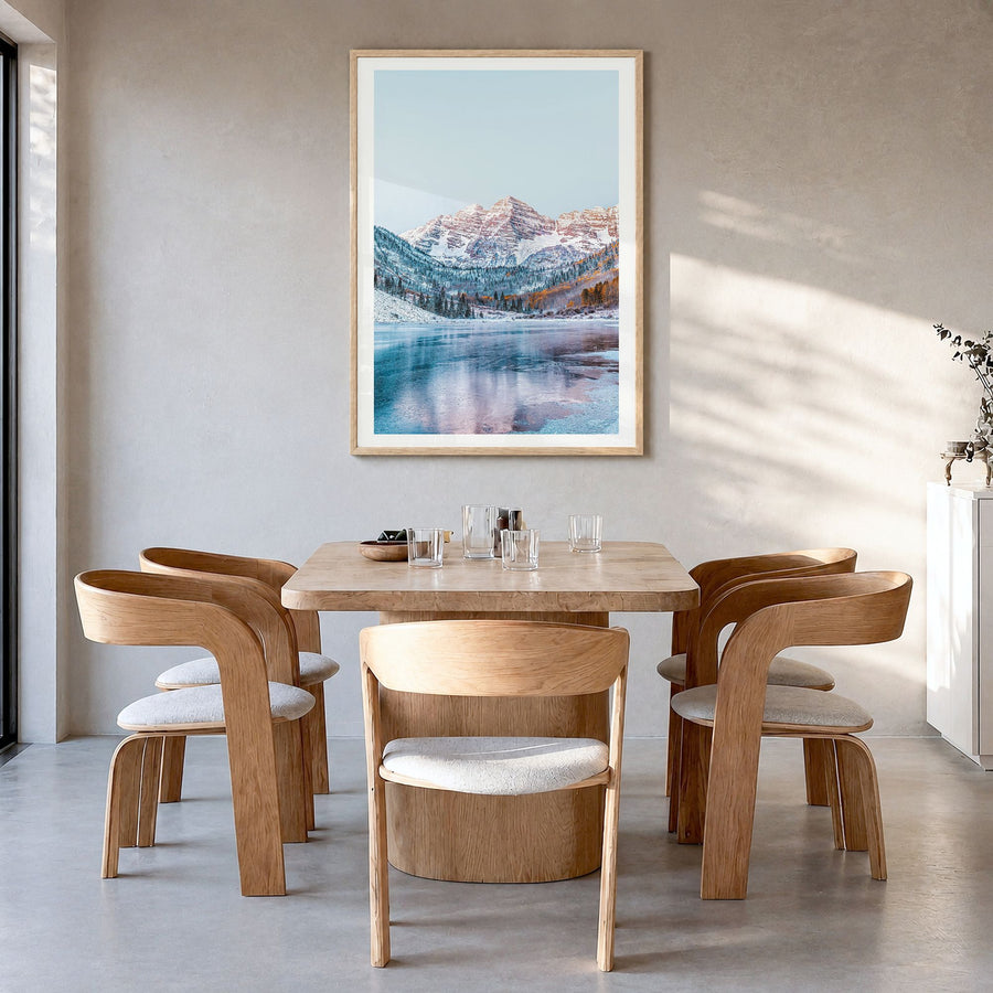 Aspen Photo No 3 Poster in a natural wood frame, hanging in a dining room, white border