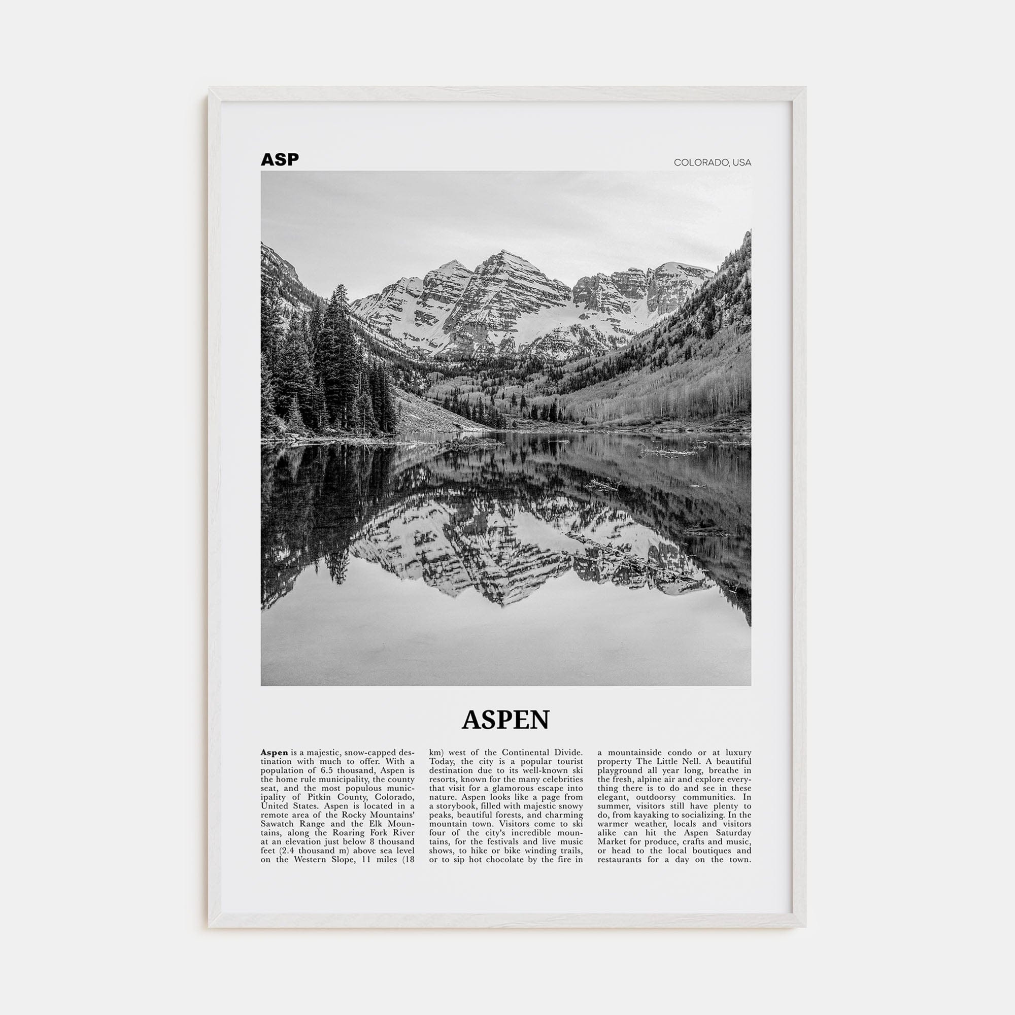 Aspen Poster White Wood / 8x12 in Nbourhood Travel B&W Poster