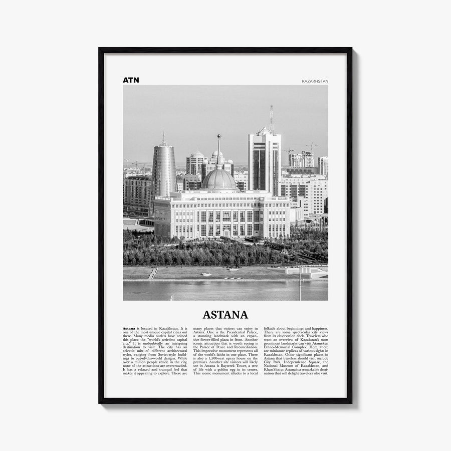 Astana black & white newspaper poster of Kazakhstan – vertical wall art, unframed print shown in interior mockup