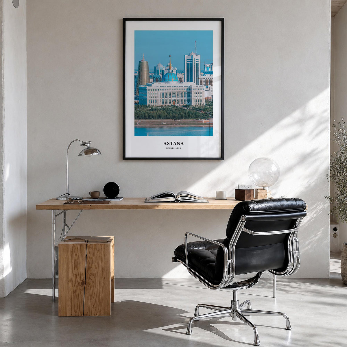 Astana colorful classic poster of Kazakhstan – vertical wall art in black wood frame, hanging on wall