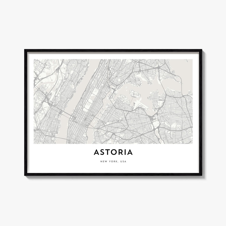 Astoria, New York black & white map poster of New York, USA – horizontal wall art, unframed print shown in interior mockup