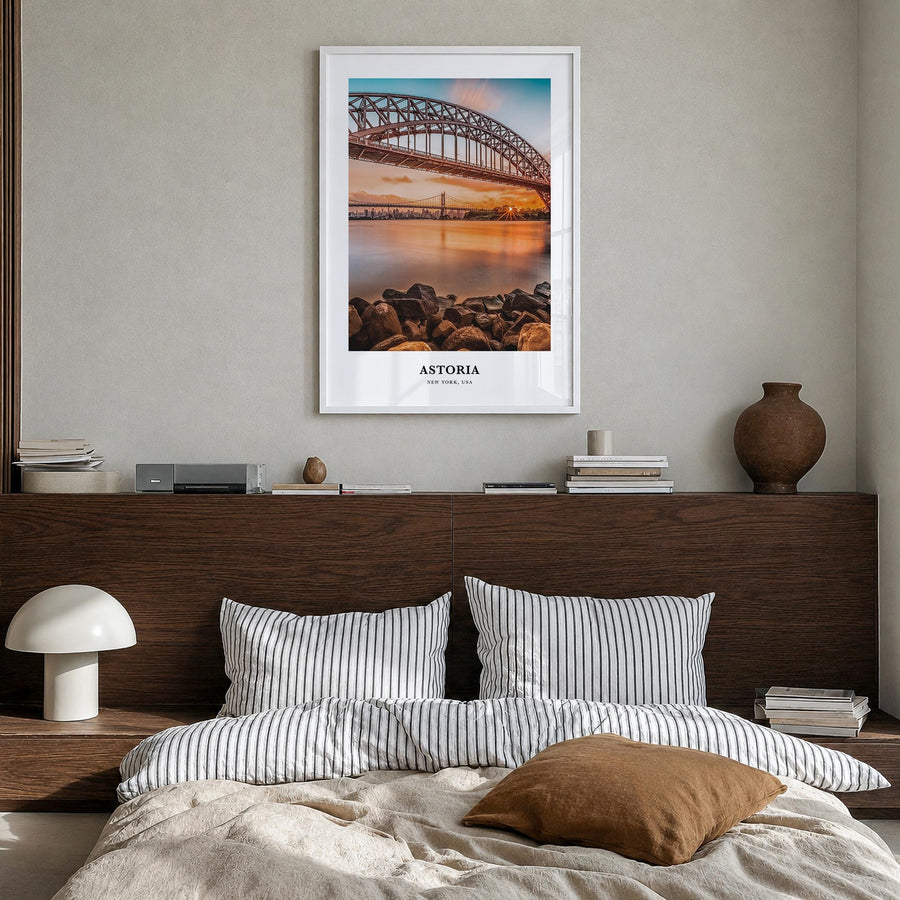 Astoria, New York colorful classic poster of New York, USA – vertical wall art in white wood frame, hanging on wall