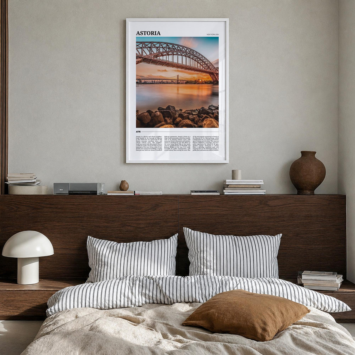 Astoria, New York colorful travel poster of New York, USA – vertical wall art in white wood frame, hanging on wall